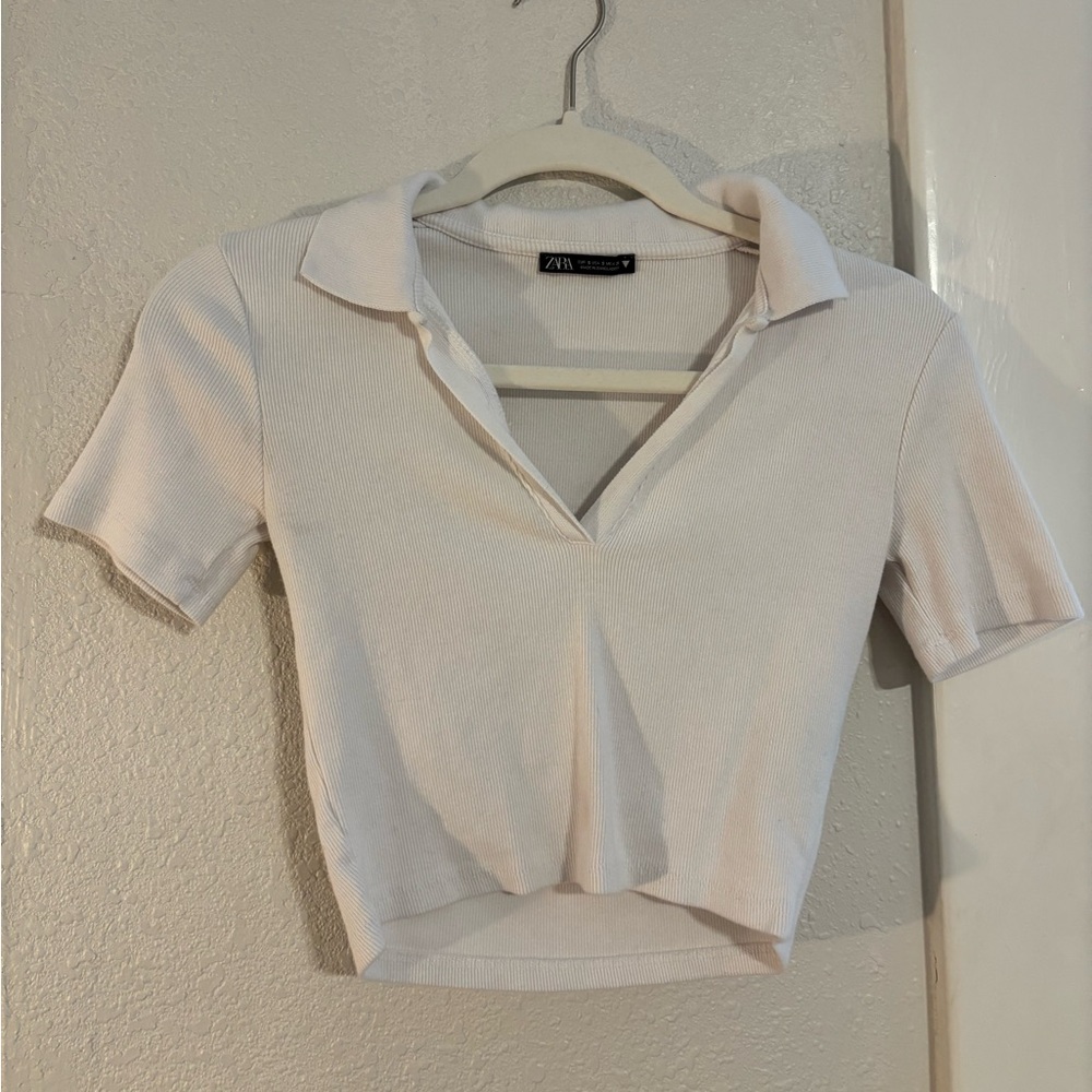 Zara Cream Ribbed Collared Crop Top